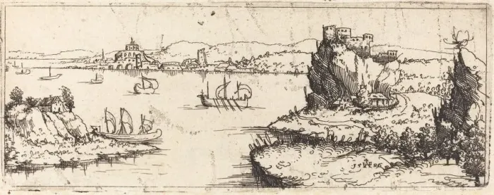 Framed Print : Landscape with Sail Boats [bottom plate], 1546. Creator: Augustin Hirschvogel