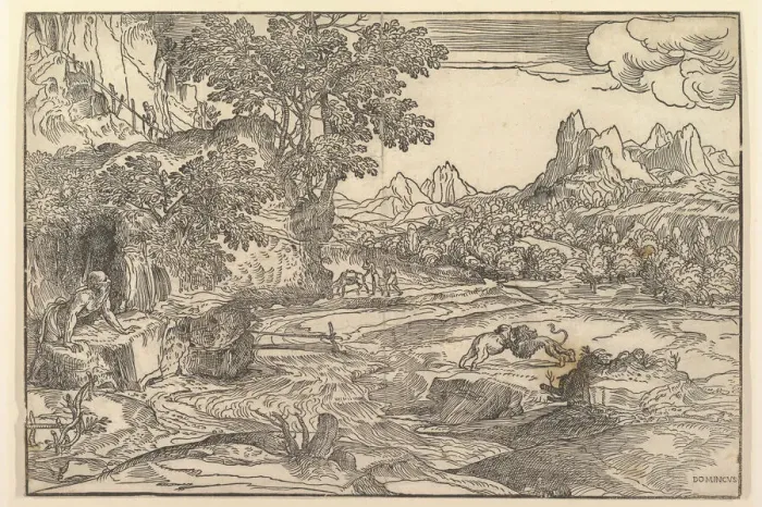 Framed Print : Landscape with Saint Jerome at left looking towards lion and bear fighting at cente Framed Print : Landscape with Saint Jerome at left looking towards lion and bear fighting at cente