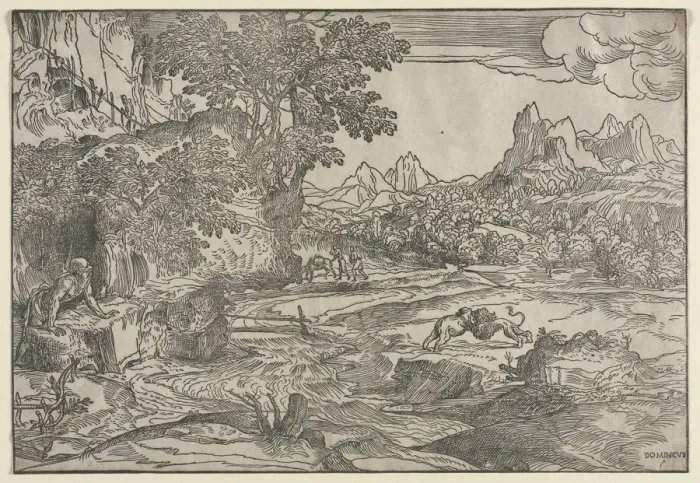 Framed Print : Landscape with Saint Jerome and Two Lions, c. 1530-35. Creator: Domenico Campagnola (Italian Framed Print : Landscape with Saint Jerome and Two Lions, c. 1530-35. Creator: Domenico Campagnola (Italian
