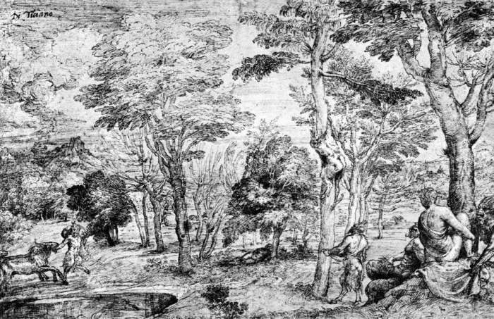 Framed Print : Landscape with Satyrs, c1530-1540, (1937). Artist: Titian Framed Print : Landscape with Satyrs, c1530-1540, (1937). Artist: Titian