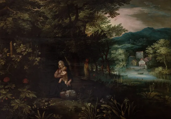 Framed Print : Landscape with the Scene of the Rest on the Flight into Egypt, 1st half of 17th century. Creator: Unknown Framed Print : Landscape with the Scene of the Rest on the Flight into Egypt, 1st half of 17th century. Creator: Unknown