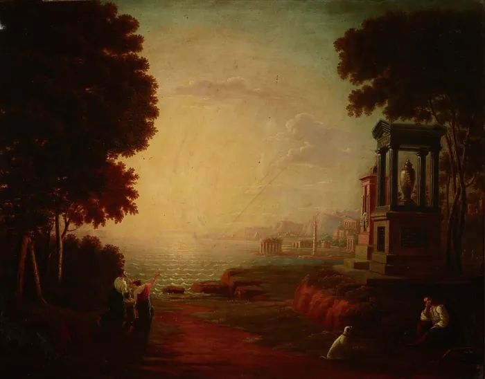 Framed Print : Landscape with a Sea Bay and Ancient Buildings, 1840. Creator: Jan Wolanski Framed Print : Landscape with a Sea Bay and Ancient Buildings, 1840. Creator: Jan Wolanski