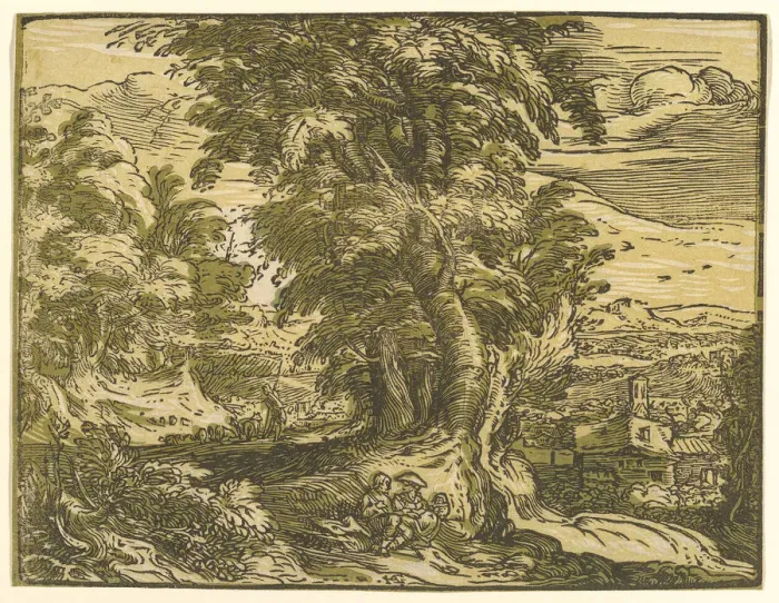 Framed Print : Landscape with Seated Couple, after 1595. Creator: Hendrik Goltzius Framed Print : Landscape with Seated Couple, after 1595. Creator: Hendrik Goltzius