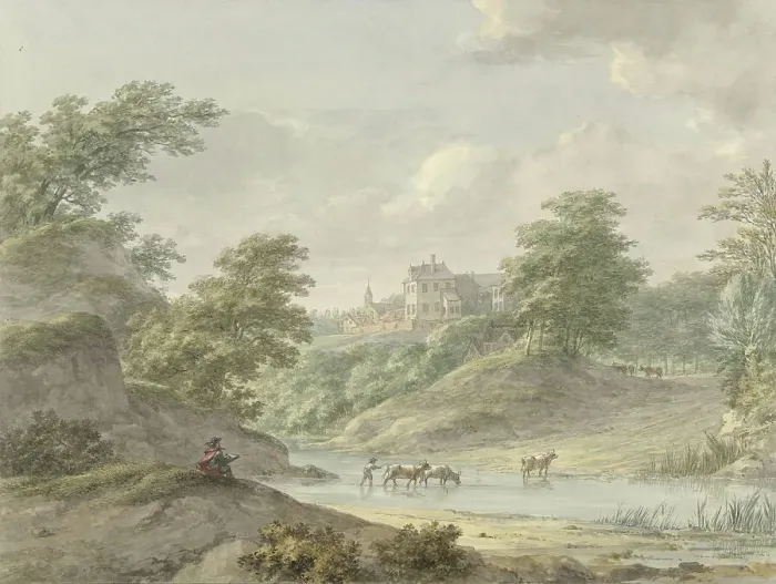 Framed Print : Landscape with a seated draftsman and a castle on the water, 1754-1820. Creator: Hermanus Numan Framed Print : Landscape with a seated draftsman and a castle on the water, 1754-1820. Creator: Hermanus Numan