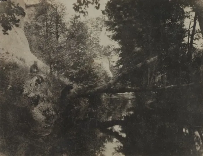 Framed Print : Landscape with Seated Figure on Stream Bank, c. 1856. Creator: Frank Chauvassaignes (French) Framed Print : Landscape with Seated Figure on Stream Bank, c. 1856. Creator: Frank Chauvassaignes (French)