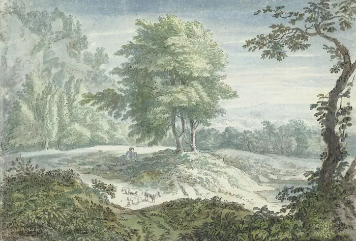 Framed Print : Landscape with sheep, 1706-1759. Creator: Jacob van Liender Framed Print : Landscape with sheep, 1706-1759. Creator: Jacob van Liender
