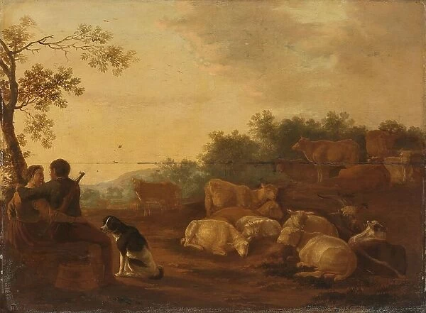 Landscape with sheperd, sheperdess and cattle, c.1632. Creator: Willem Ossenbeeck