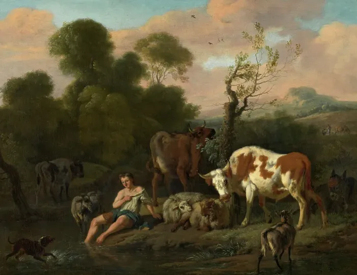 Framed Print : Landscape with a Shepherd, late 17th century. Creator: Dirk van Bergen Framed Print : Landscape with a Shepherd, late 17th century. Creator: Dirk van Bergen