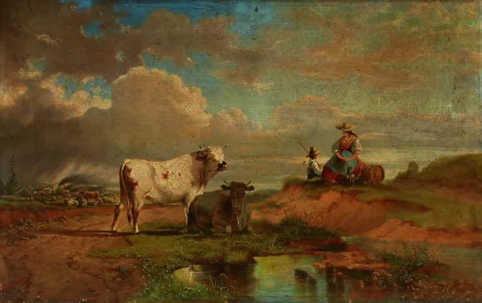 Framed Print : Landscape with a Shepherdess and Cattle, 4th quarter of 19th century. Creator: Eduard Hamman Framed Print : Landscape with a Shepherdess and Cattle, 4th quarter of 19th century. Creator: Eduard Hamman