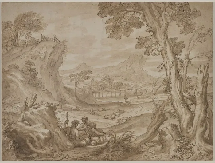 Framed Print : Landscape with Shepherds, c. 1700?. Creator: Domenico I Piola (Italian, 1627-1703) Framed Print : Landscape with Shepherds, c. 1700?. Creator: Domenico I Piola (Italian, 1627-1703)