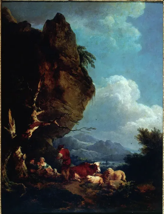 Framed Print : Landscape with shepherds, c1780. Creator: Philip James de Loutherbourg Framed Print : Landscape with shepherds, c1780. Creator: Philip James de Loutherbourg