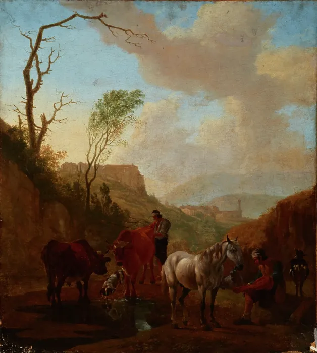 Framed Print : Landscape with Shepherds and Cattle at the Watering Place, 1st half of 18th century. Creator: Unknown Framed Print : Landscape with Shepherds and Cattle at the Watering Place, 1st half of 18th century. Creator: Unknown