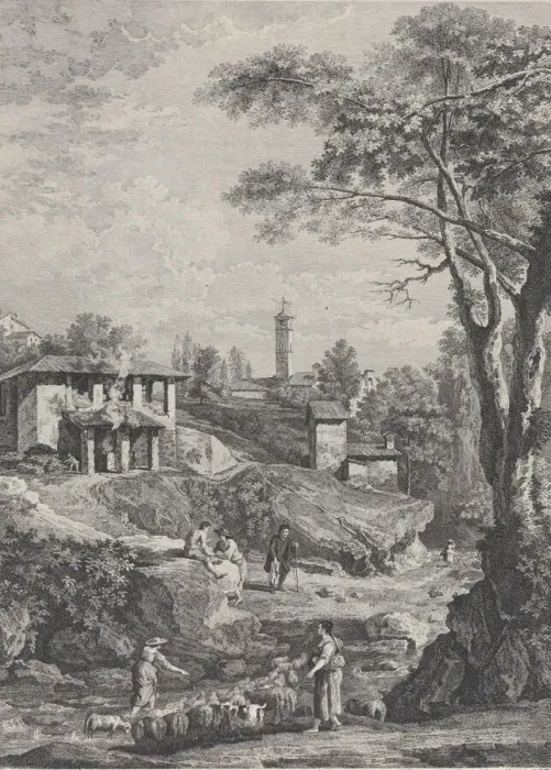 Framed Print : Landscape with shepherds, houses and a tower in the distance, 1760-70 Framed Print : Landscape with shepherds, houses and a tower in the distance, 1760-70