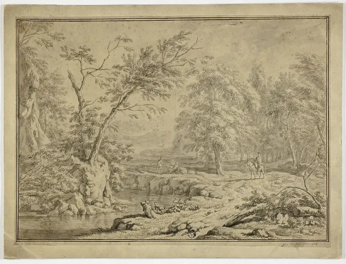 Framed Print : Landscape with Shepherds by River and Man on Horseback, n.d. Creator: Jan van Huysum Framed Print : Landscape with Shepherds by River and Man on Horseback, n.d. Creator: Jan van Huysum