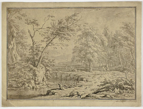 Landscape with Shepherds by River and Man on Horseback, n.d. Creator: Jan van Huysum