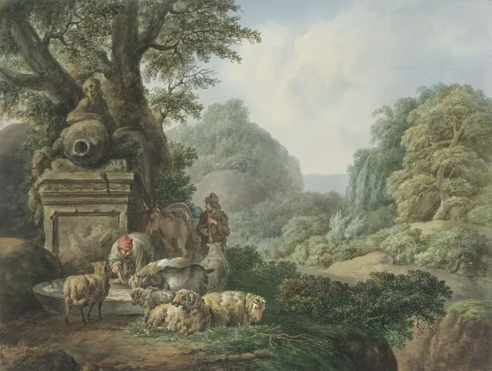 Framed Print : Landscape with shepherds at a waterhole, 1789-1853. Creator: Jan Willem Pieneman Framed Print : Landscape with shepherds at a waterhole, 1789-1853. Creator: Jan Willem Pieneman