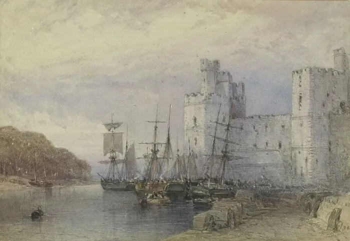 Framed Print : Landscape with ships in front of Caernarvon Castle, 1883. Creator: William Callow Framed Print : Landscape with ships in front of Caernarvon Castle, 1883. Creator: William Callow