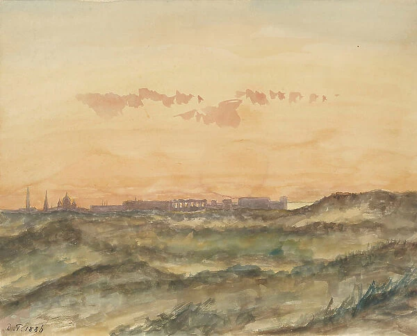 Landscape with the silhouette of a city in the distance, 1886. Creator: Arnoldus Dirk Felix Tavenraat