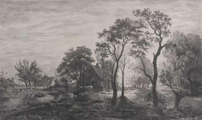 Framed Print : Landscape, after a sketch by Eglon van der Neer, 1862. Creator: Charles Emile Jacque Framed Print : Landscape, after a sketch by Eglon van der Neer, 1862. Creator: Charles Emile Jacque