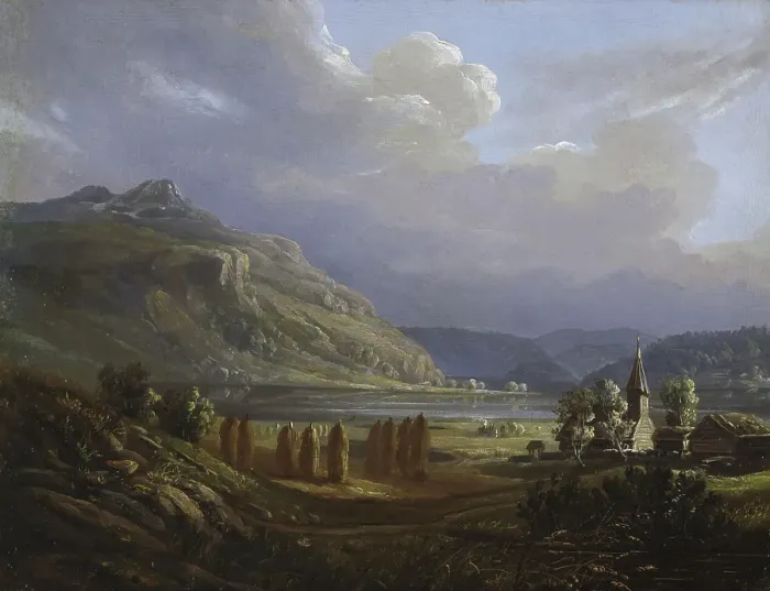 Framed Print : Landscape from Sogn with Gaupne church, Undated. Creator: Knud Geelmuyden Bull Framed Print : Landscape from Sogn with Gaupne church, Undated. Creator: Knud Geelmuyden Bull