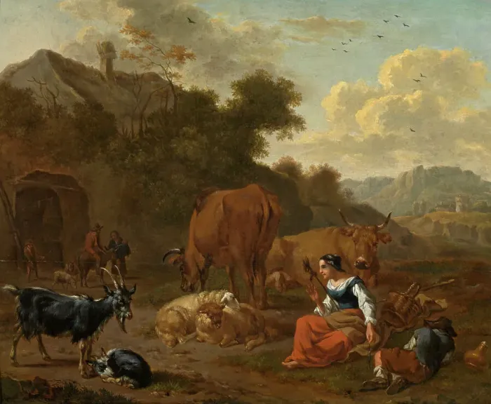 Framed Print : Landscape with a Spinner and Cattle, late 17th century. Creator: Dirk van Bergen Framed Print : Landscape with a Spinner and Cattle, late 17th century. Creator: Dirk van Bergen
