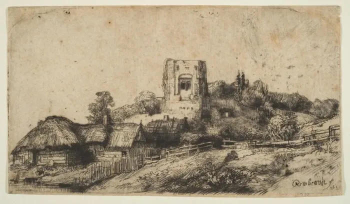 Framed Print : Landscape with a Square Tower, 1650. Creator: Rembrandt Harmensz van Rijn Framed Print : Landscape with a Square Tower, 1650. Creator: Rembrandt Harmensz van Rijn