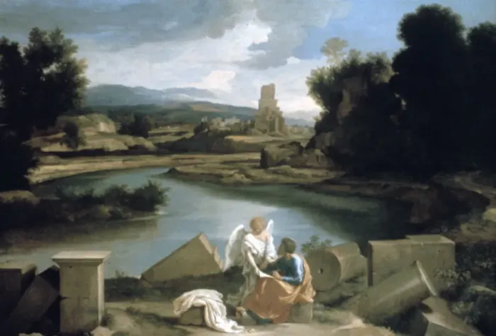 Framed Print : Landscape with St Matthew and the Angel, c1645. Artist: Nicolas Poussin Framed Print : Landscape with St Matthew and the Angel, c1645. Artist: Nicolas Poussin