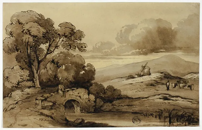 Framed Print : Landscape with Stone Bridge in Foreground and Cows on Hillside, n.d. Creator: James Robertson Framed Print : Landscape with Stone Bridge in Foreground and Cows on Hillside, n.d. Creator: James Robertson