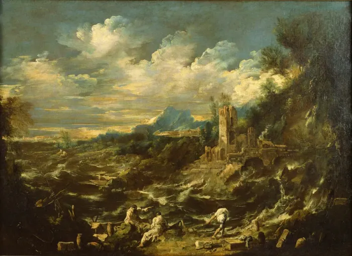 Framed Print : Landscape with Stormy Sea, ca 1720. Artist: Magnasco, Alessandro (1667-1749) Framed Print : Landscape with Stormy Sea, ca 1720. Artist: Magnasco, Alessandro (1667-1749)