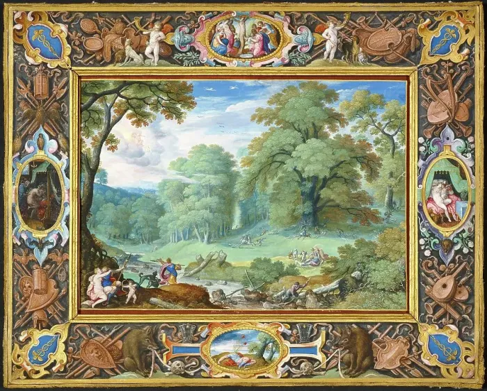 Framed Print : Landscape with the Story of Venus and Adonis, 1589. Creator: Hans Bol Framed Print : Landscape with the Story of Venus and Adonis, 1589. Creator: Hans Bol