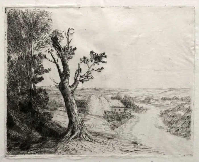 Framed Print : Landscape with Strawstacks. Creator: Alphonse Legros (French, 1837-1911) Framed Print : Landscape with Strawstacks. Creator: Alphonse Legros (French, 1837-1911)