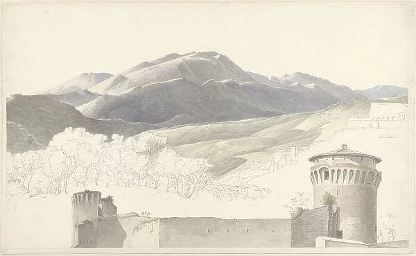Landscape at Subiaco and building in Rome, 1787-1847. Creator: Josephus Augustus Knip