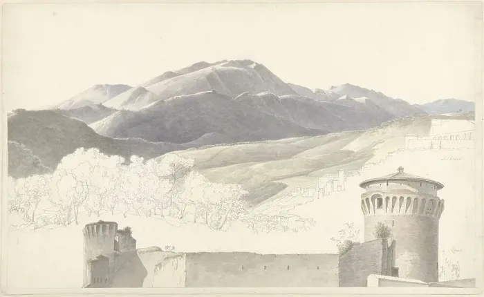 Framed Print : Landscape at Subiaco and building in Rome, 1787-1847. Creator: Josephus Augustus Knip Framed Print : Landscape at Subiaco and building in Rome, 1787-1847. Creator: Josephus Augustus Knip