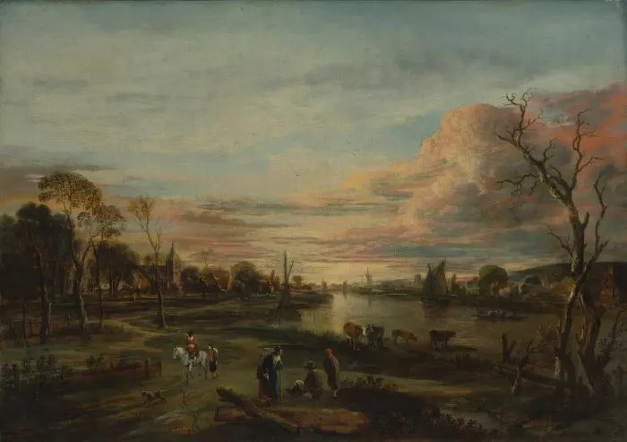 Framed Print : Landscape at Sunset, 1650s. Creator: Aert van der Neer Framed Print : Landscape at Sunset, 1650s. Creator: Aert van der Neer