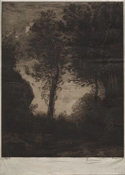 Landscape: Sunset, after Corot, c. 1858. Creator: Felix Bracquemond (French