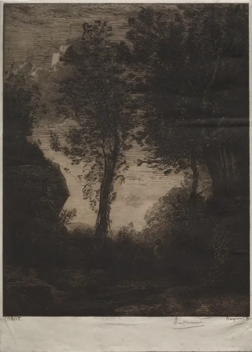 Framed Print : Landscape: Sunset, after Corot, c. 1858. Creator: Felix Bracquemond (French Framed Print : Landscape: Sunset, after Corot, c. 1858. Creator: Felix Bracquemond (French
