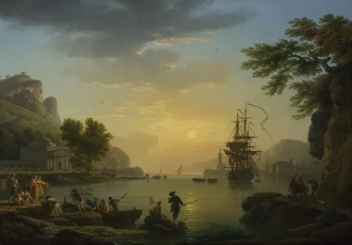 Framed Print : A Landscape at Sunset with Fishermen returning with their Catch, 1773. Artist: Vernet, Claude Joseph (1714-1789) Framed Print : A Landscape at Sunset with Fishermen returning with their Catch, 1773. Artist: Vernet, Claude Joseph (1714-1789)