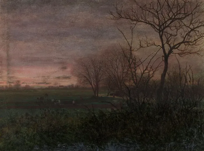 Framed Print : Landscape at Sunset with Labourer, 1865. Creator: Leon Bonvin Framed Print : Landscape at Sunset with Labourer, 1865. Creator: Leon Bonvin