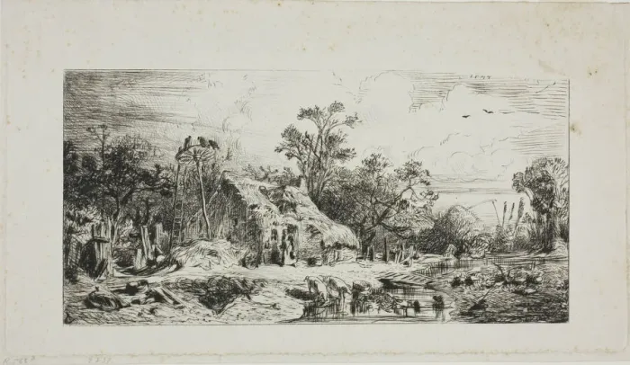 Framed Print : Landscape with Thatched Cottages, 1844. Creator: Charles Emile Jacque Framed Print : Landscape with Thatched Cottages, 1844. Creator: Charles Emile Jacque