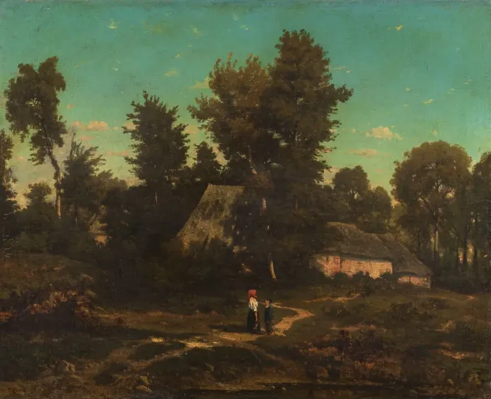 Framed Print : Landscape with thatched cottages. Creator: Henri-Joseph Harpignies Framed Print : Landscape with thatched cottages. Creator: Henri-Joseph Harpignies