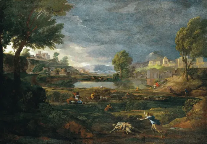 Framed Print : Landscape during a Thunderstorm with Pyramus and Thisbe. Artist: Poussin, Nicolas (1594-1665) Framed Print : Landscape during a Thunderstorm with Pyramus and Thisbe. Artist: Poussin, Nicolas (1594-1665)