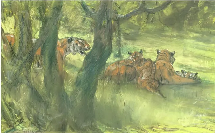 Framed Print : Landscape with Tiger and Cubs, 1900-1910. Creator: John MacAllan Swan Framed Print : Landscape with Tiger and Cubs, 1900-1910. Creator: John MacAllan Swan
