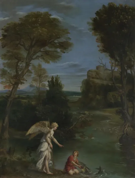 Framed Print : Landscape with Tobias laying hold of the Fish, c. 1612. Artist: Domenichino (1581-1641) Framed Print : Landscape with Tobias laying hold of the Fish, c. 1612. Artist: Domenichino (1581-1641)