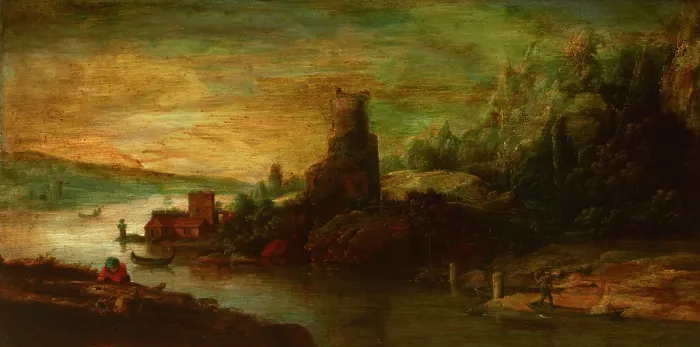 Framed Print : Landscape with a Tower by the Lake, 17th century. Creator: Unknown Framed Print : Landscape with a Tower by the Lake, 17th century. Creator: Unknown
