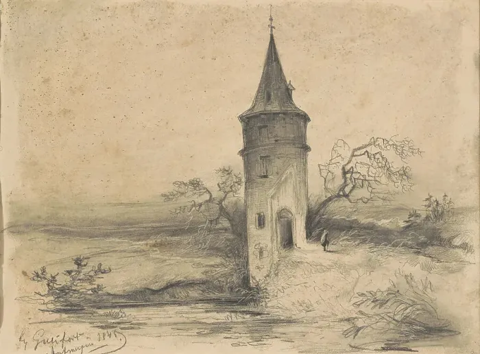 Framed Print : Landscape with a tower near Antwerp, 1845. Creator: Johannes Tavenraat Framed Print : Landscape with a tower near Antwerp, 1845. Creator: Johannes Tavenraat