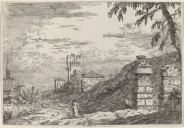 Landscape with Tower and Two Ruined Pillars, c. 1735  /  1746. Creator: Canaletto