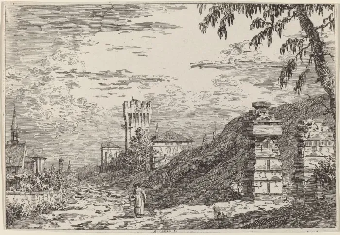 Framed Print : Landscape with Tower and Two Ruined Pillars, c. 1735 / 1746. Creator: Canaletto Framed Print : Landscape with Tower and Two Ruined Pillars, c. 1735 / 1746. Creator: Canaletto