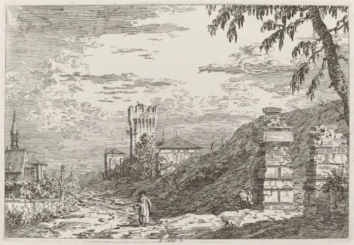 Framed Print : Landscape with Tower and Two Ruined Pillars [left], c. 1735  /  1746. Creator: Canaletto