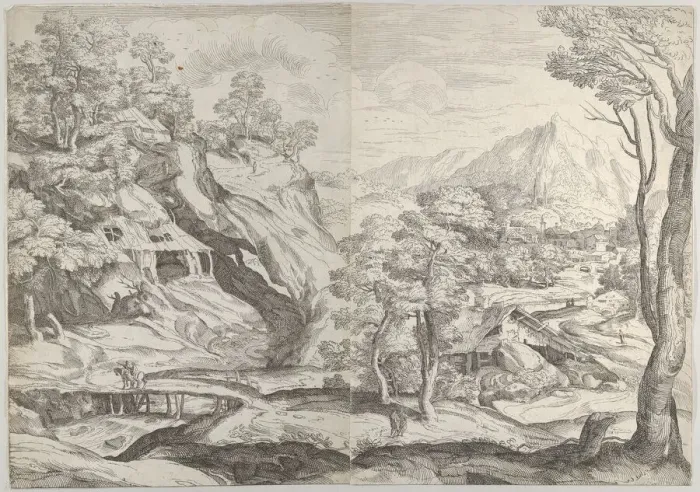 Framed Print : Landscape with a town in the background at the right, a winding road in the foregroun... 1580-1600. Creator: Anon Framed Print : Landscape with a town in the background at the right, a winding road in the foregroun... 1580-1600. Creator: Anon