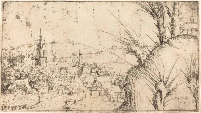 Framed Print : Landscape with a Town at Left, 1549. Creator: Augustin Hirschvogel Framed Print : Landscape with a Town at Left, 1549. Creator: Augustin Hirschvogel